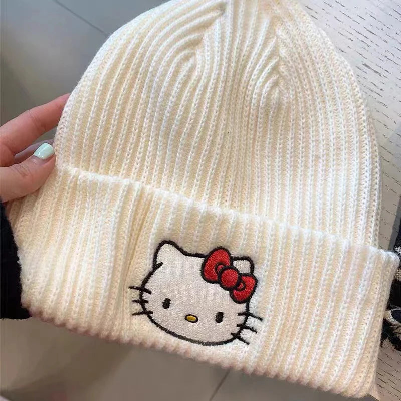 Kawaii Saniro Hello Kitty Embroidery Knitted Cap Cartoon Kt Cat Wool Cap Warm Cap Couple Set Head Hat Girls Gifts