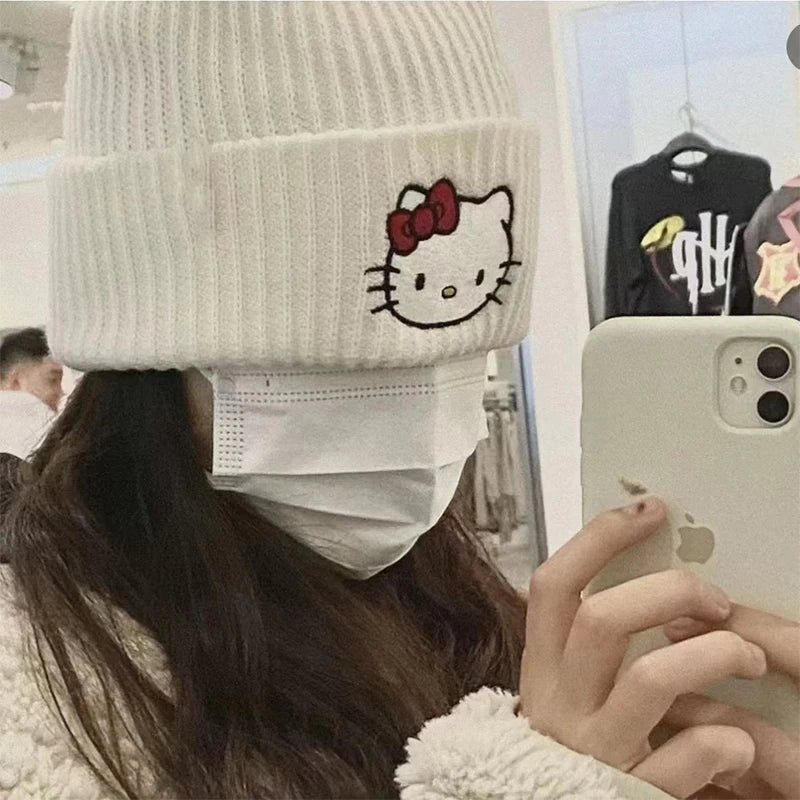 Kawaii Saniro Hello Kitty Embroidery Knitted Cap Cartoon Kt Cat Wool Cap Warm Cap Couple Set Head Hat Girls Gifts